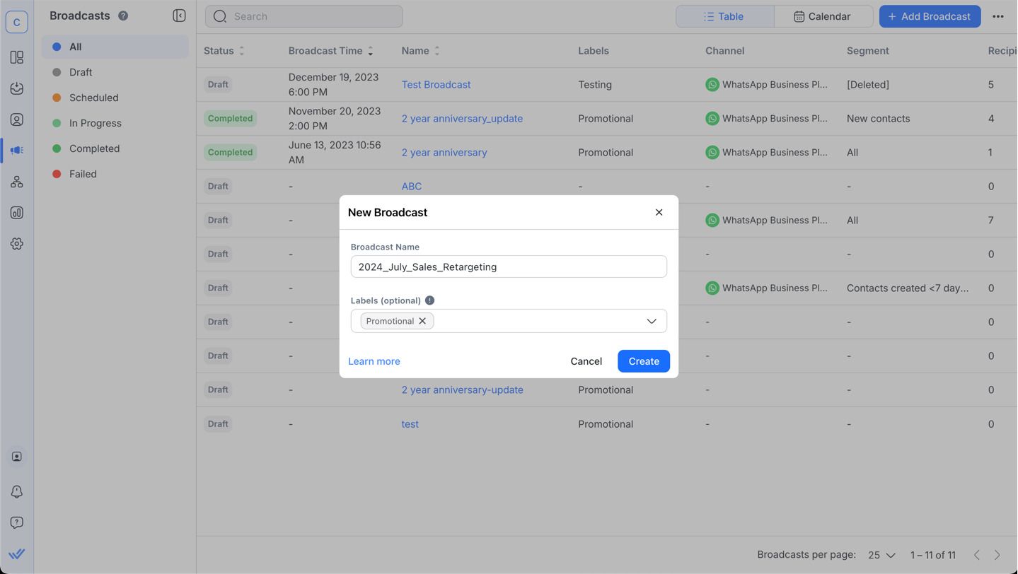 Uma captura de tela da plataforma de respond.io para criar uma lista de mensagens em massa do WhatsApp