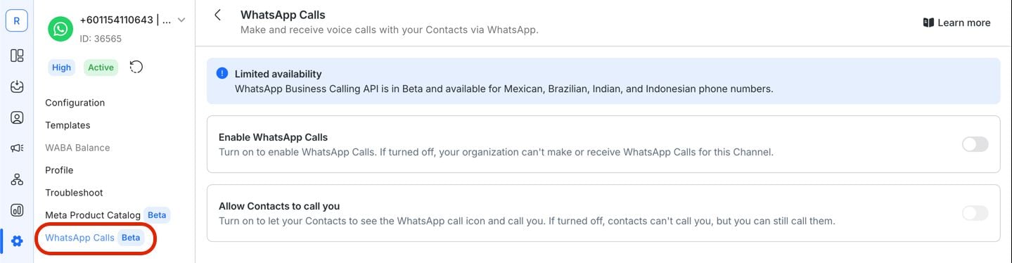 Ảnh chụp màn hình bật API WhatsApp Business Calling trong cài đặt respond.io